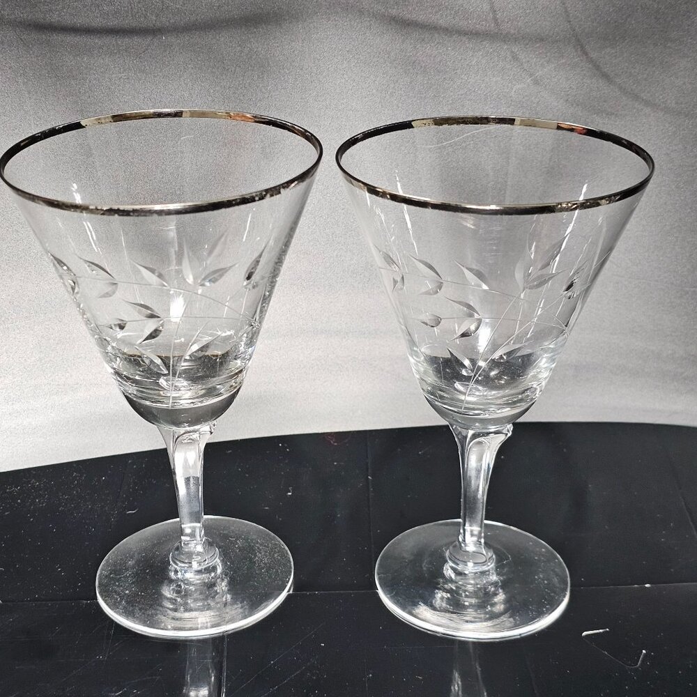 2 Fostoria Bridal Belle Water Goblet 6.25" platinum band cut glass floral stems - Picture 8 of 8